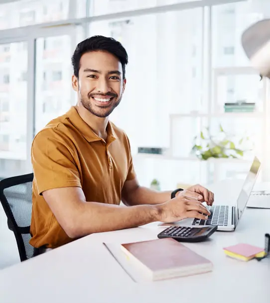 Business office portrait, laptop or happy man typing accounting report.