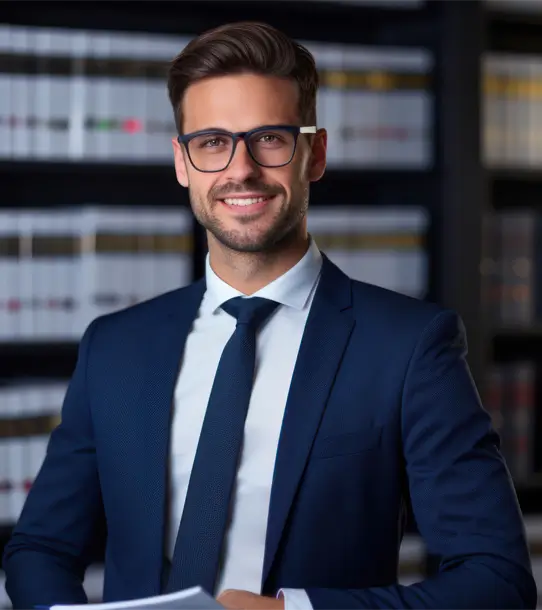 Caucasian male accountant wearing a navy blue two piece suit.
